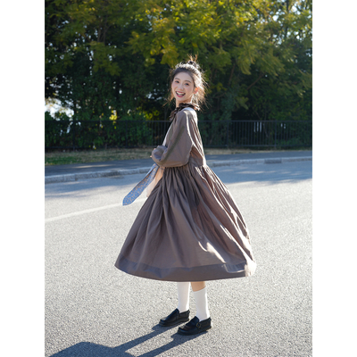 棕色蕾丝100棉森系感古苔连衣裙