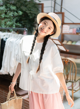 古苔 日系白色系带衬衫 纯棉基础款质感夏季百搭遮肉半袖上衣女