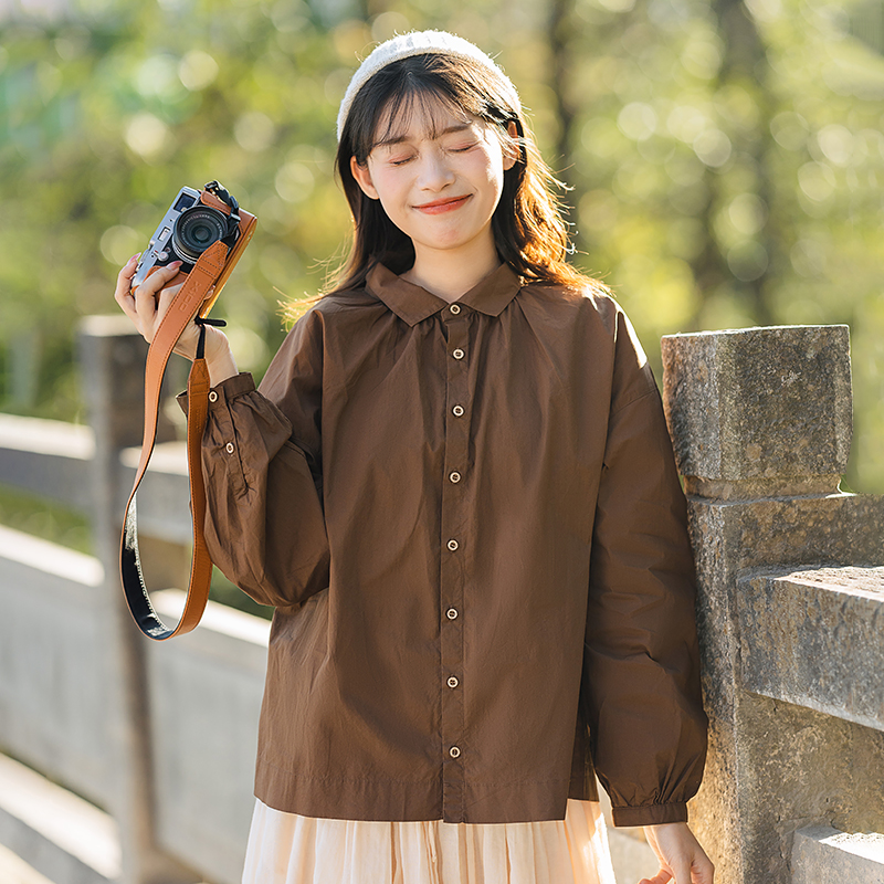 古苔 咖色衬衫 日系文艺纯棉通勤百搭长袖翻领娃娃领衬衣早春女