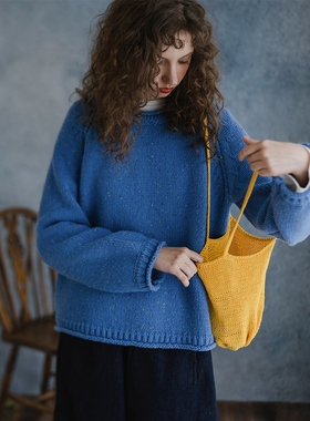 古苔 全羊毛蓝色毛衣 秋冬色彩大碰撞 混色感纱线卷边明亮针织衫
