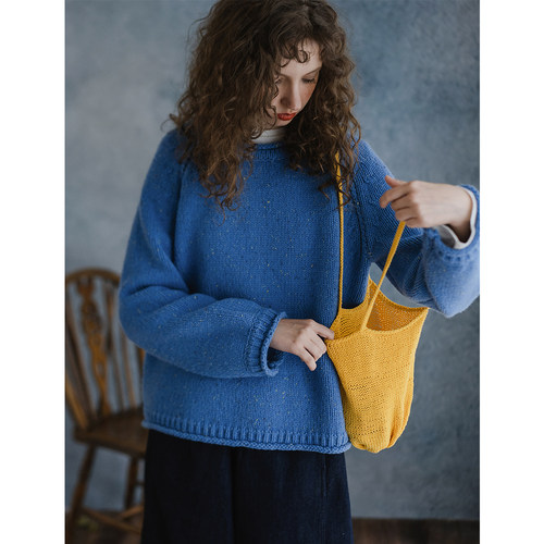 古苔全羊毛蓝色毛衣秋冬色彩碰撞