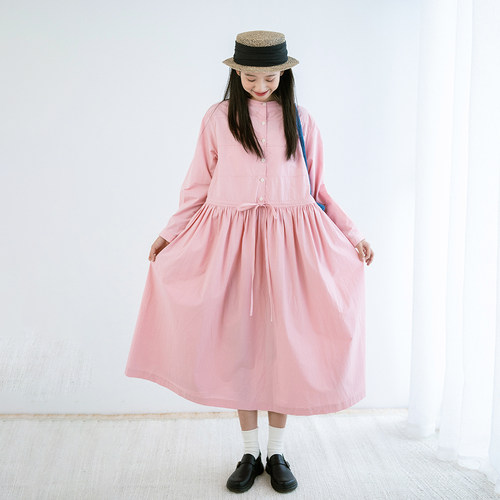 古苔早秋纯棉粉色连衣裙可收腰