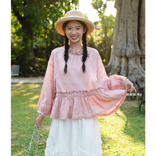 粉色木耳边衬衫古苔重工娃娃衫女