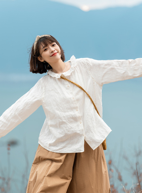 古苔 荷叶领日系亚麻衬衫秋装2023新 小个子穿搭上衣衬衣GOODTIME