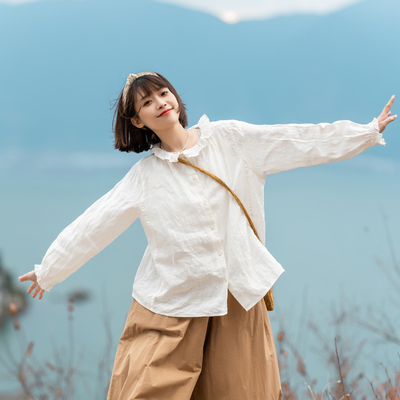 古苔荷叶领亚麻衬衫秋装日系文艺