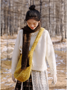 古苔 白色毛衣 淡淡的日系慵懒感50羊毛圆领套头2025秋冬新款针织