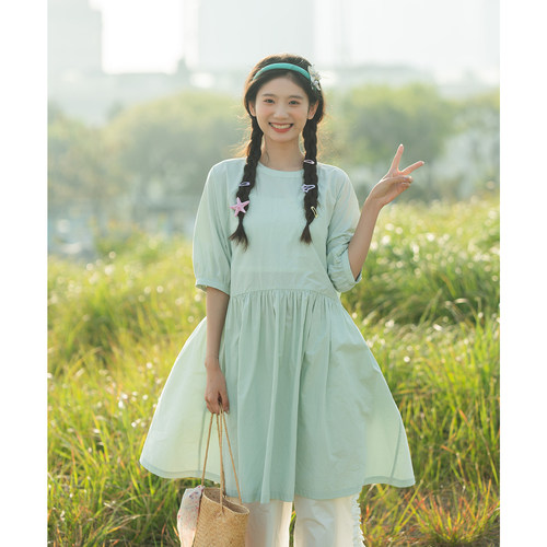 古苔日系短袖绿色连衣裙清透薄款