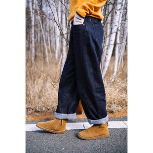 通勤路上暖宝宝裤 古苔 直腿裤 秋冬新款 子 汉麻加绒小弯刀牛仔裤
