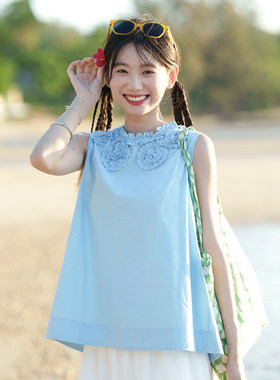 蓝色重工花边背心古苔颜色显白女