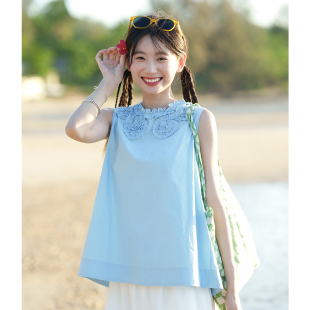古苔 蓝色重工花边上衣颜色显白身高150到167试穿都好看100棉背心