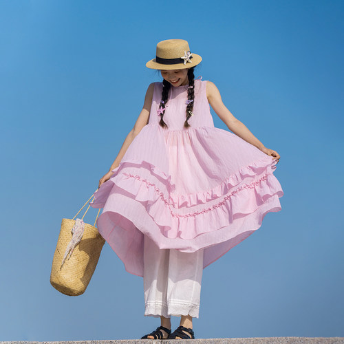 古苔粉色欧根纱连衣裙夏80棉超薄