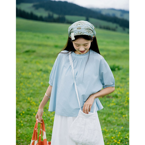 蓝色纯棉衬衫古苔夏季超薄透气女