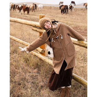 古苔 双面穿70羊毛连帽大衣 日系文艺流浪歌者风复古格子纯色外套