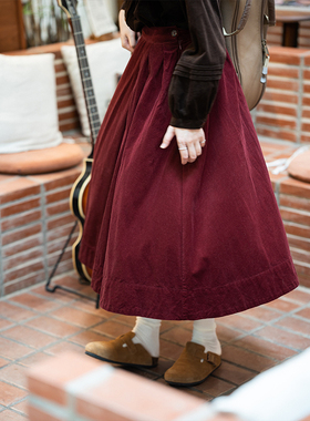 古苔「开心元素」红色灯芯绒半身裙伞裙秋日氛围感穿搭女GOODTIME