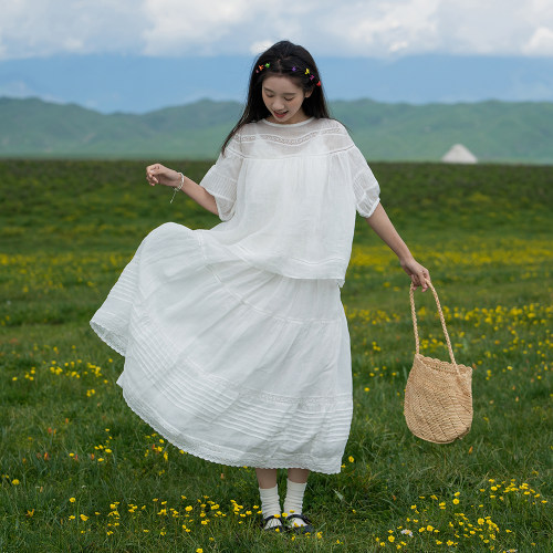 古董蕾丝白色苎麻半裙古苔日系女