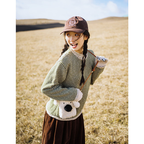 古苔绿灰条条毛衣100棉显瘦上衣