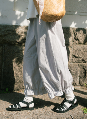 古苔 灰色花苞水母裤子 纯棉花边文艺直筒裤 日系质感高级灰9分裤