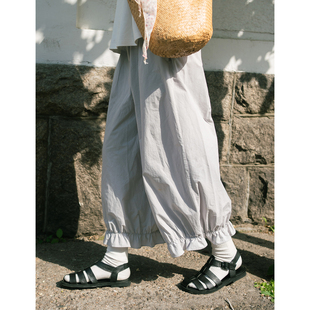 古苔 灰色花苞水母裤子 纯棉花边文艺直筒裤 日系质感高级灰9分裤