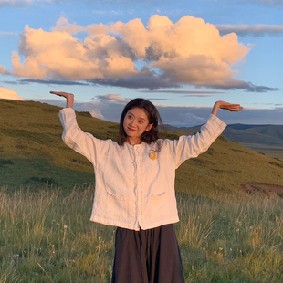 古苔「星星系列」白色亚麻外套 十周年主题限定 日系文艺自由穿搭