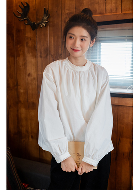 古苔白色衬衫女秋冬百搭花边小立领全棉衬衫叠穿内搭上衣日系文艺