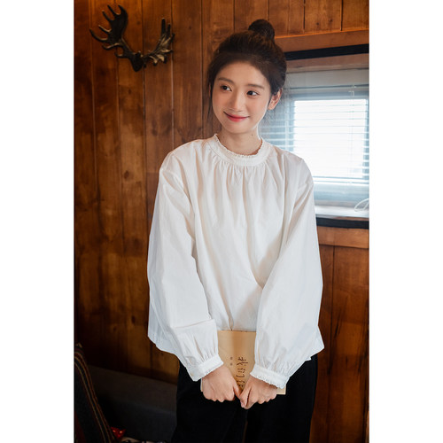 古苔秋冬百搭花边小立领全棉衬衫