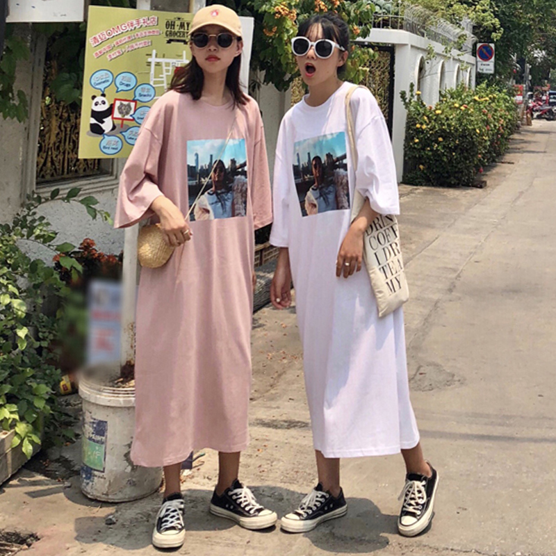 加长款t恤裙女装2夏季胖MM宽松大码纯棉懒惰风个性短袖过膝连衣裙