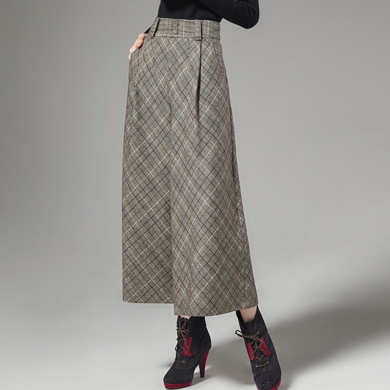 裤子新款秋冬毛呢裙裤格子裤复古高腰休闲裤显瘦九分裤阔腿裤女秋