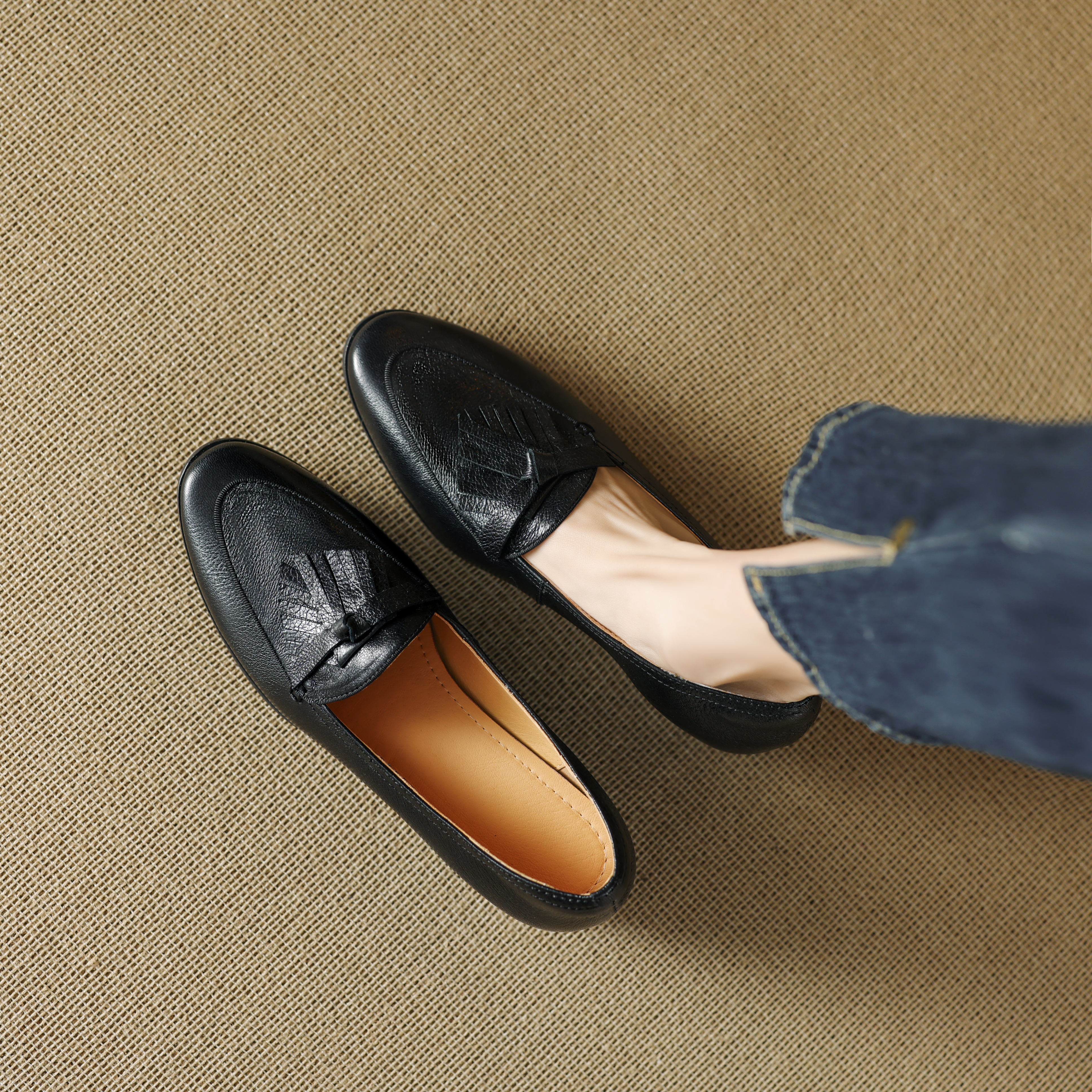 真皮软底流苏深口乐福鞋妈妈鞋