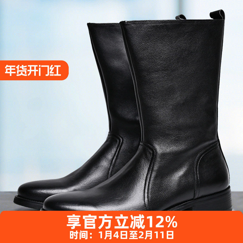秋冬长靴男士真皮拉链长筒牛皮靴子英伦简约潮流马靴牛仔单靴男