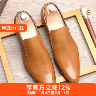 正品 韩版 套脚真皮男鞋 英伦头层牛皮商务正装 潮男一脚蹬尖头皮鞋