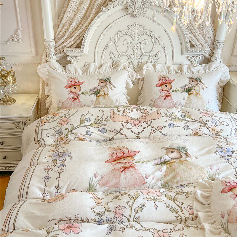 冬季可爱兔子牛奶j绒加厚四件套田园花卉加绒珊瑚绒被套公主风床