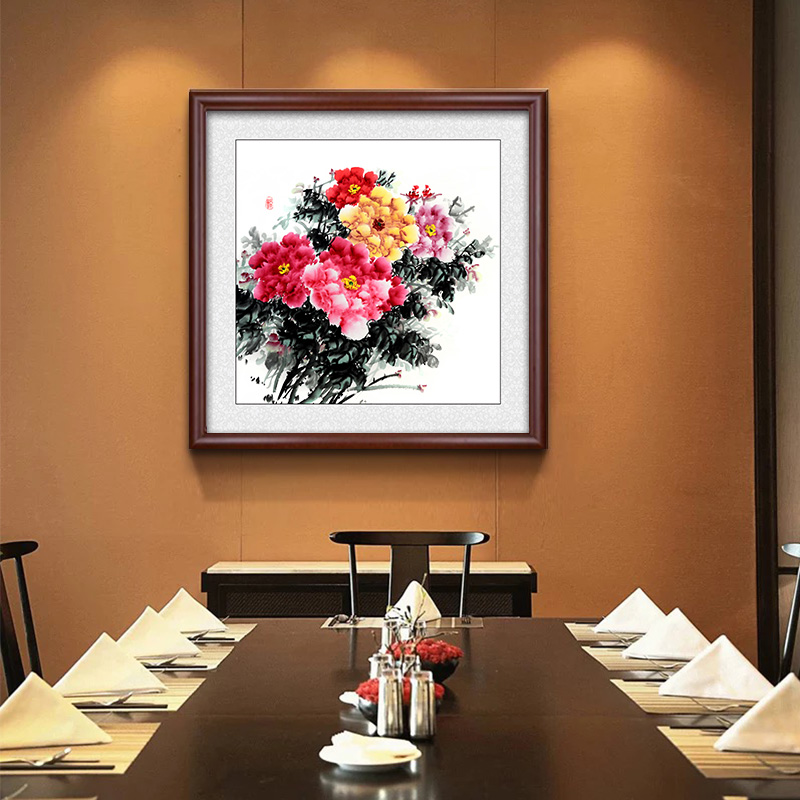 牡丹花装饰画花开富贵p国画玄关餐厅壁画中式客厅正方形背景墙挂图片