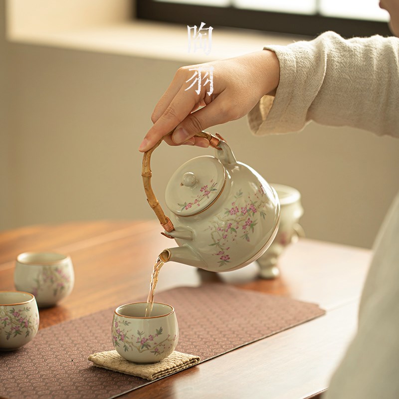 米黄汝窑提梁壶家用单壶温茶炉煮茶套装功夫茶具U泡茶壶开片可养