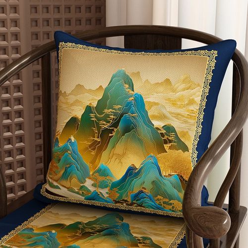 高端中式靠山抱枕客厅沙发轻奢高级感千里江N山图蓝色靠枕新款靠