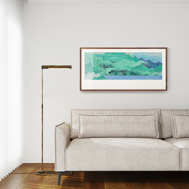 李旭青绿山水墨画山峰彩色横版床头沙发客厅N书房装饰画新中式挂
