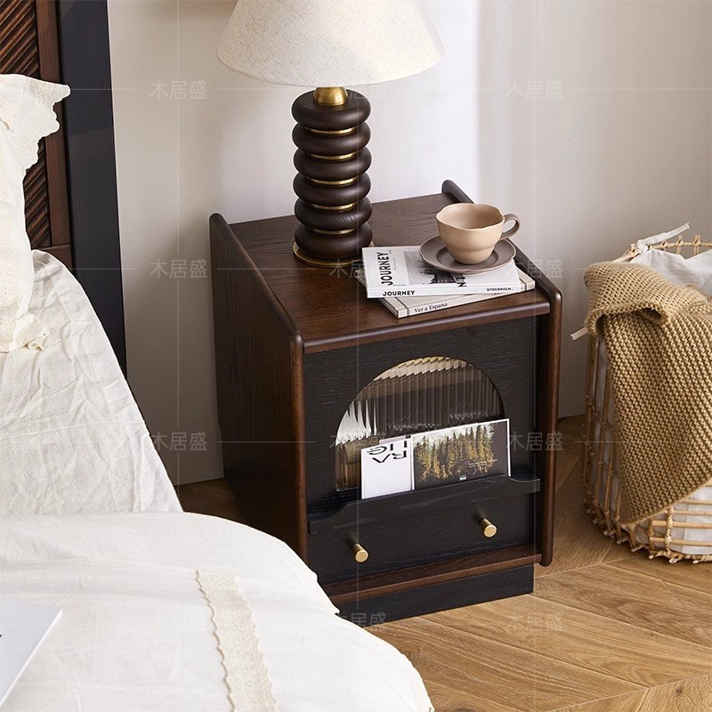 法式复古a风红橡木实木床头柜卧室美式收纳床边柜小柜子家用储物