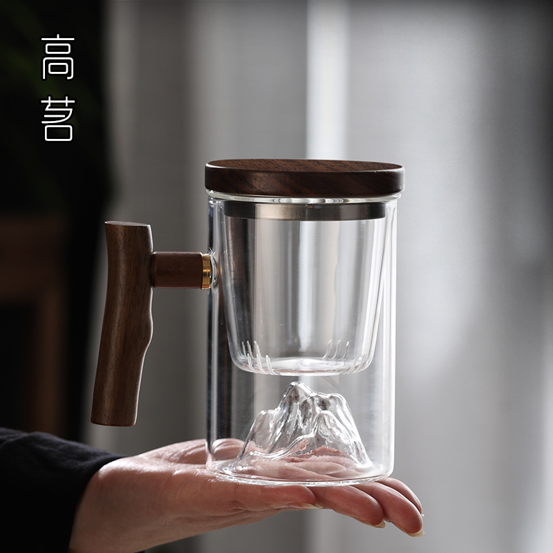 个人专用泡茶杯茶水分离男士带把喝茶水杯玻O璃日式观山茶道杯子