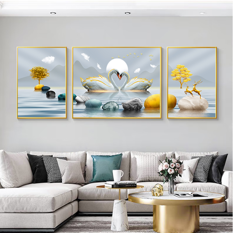 客厅装饰画九鱼h图沙发背景墙挂画新中式北欧三联现代卧室轻奢壁图片