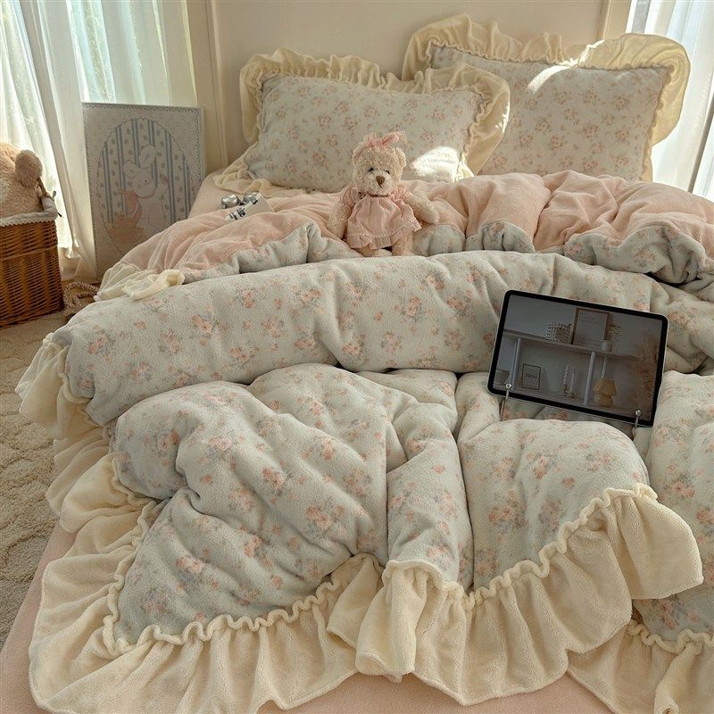 法式奶油风碎花四件套牛奶绒花边款F被套冬季加厚保暖床单人三件,床上用品,床品套件/四件套/多件套,淘宝优惠券,粉丝福利购,淘宝优惠卷