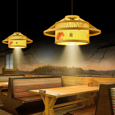 新中式灯笼火锅店包厢竹编吊灯y带射灯饭店包间餐桌竹艺灯包房灯