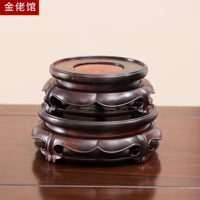 大红酸枝圆形旋转底座茶壶红木佛像花F瓶花盆底座奇石实木摆件托