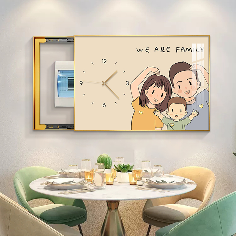 电表箱装饰画一家三口现代简约带钟表卡通K人物配电箱开关挂画壁图片