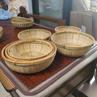 手工竹编精编织篓空水果篮馒头筐野藤收I口竹篮子家用圆形馍馍竹
