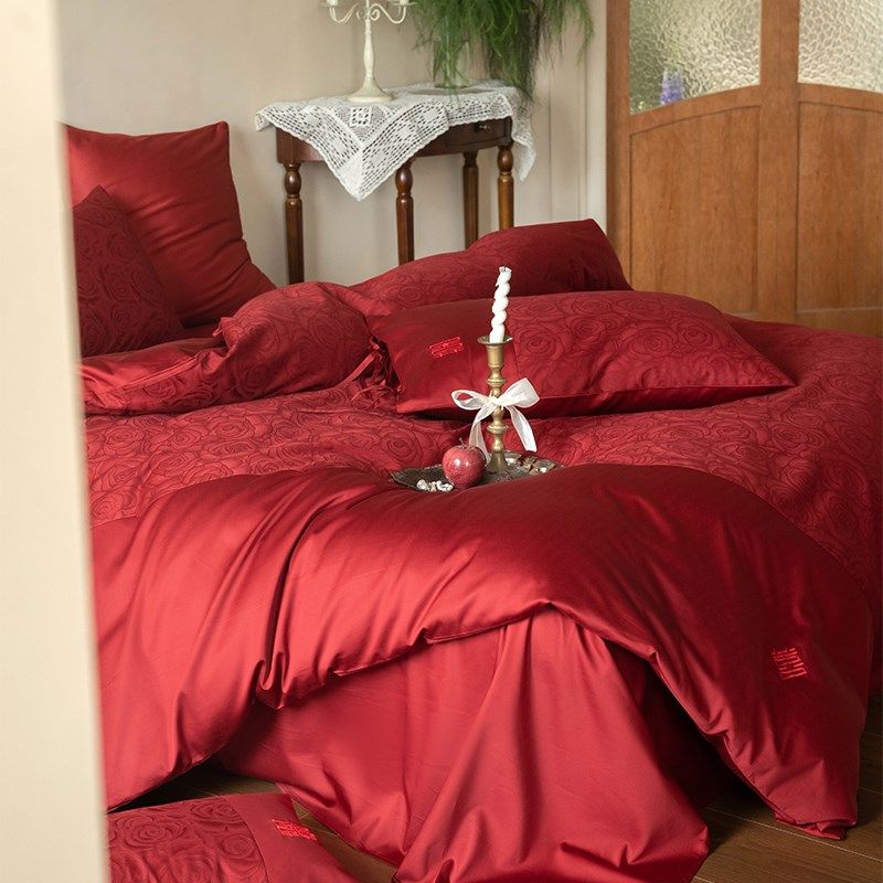 玫瑰提花正红色结婚庆全p棉四件套100S长绒棉贡缎纯棉结婚被套床