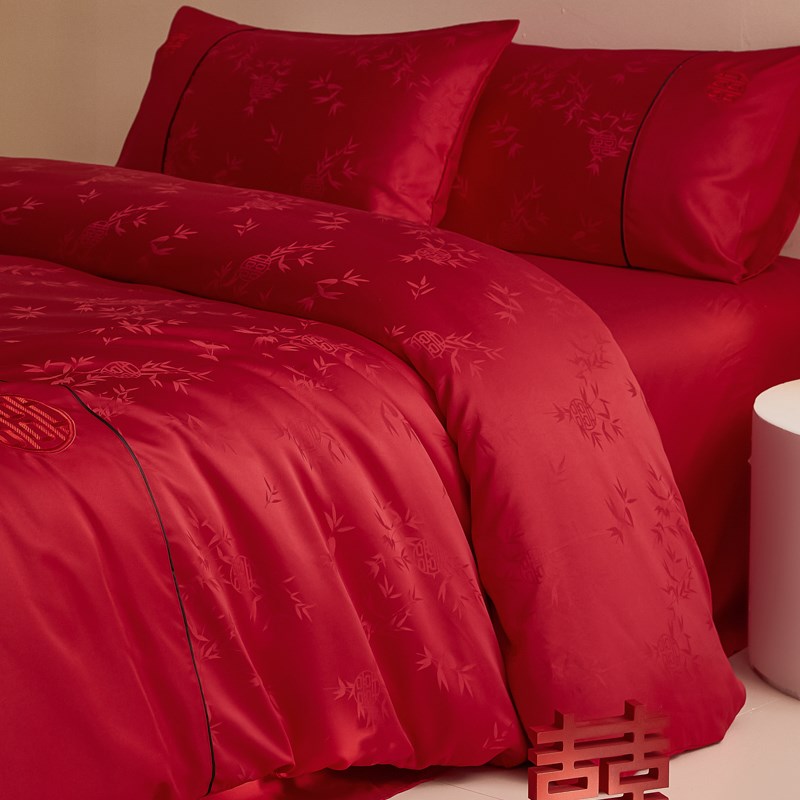 高端婚庆水洗棉提花婚庆四u件套红色纯棉床单被套新婚喜被床上用