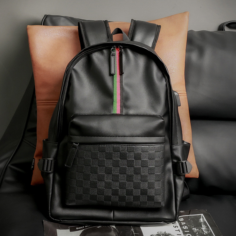 代购新款男士双肩包潮牌短途旅行包真皮背包大容量格纹撞色男包