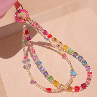 施家华子水晶高级感彩虹渐变奢华双层blingbling手机链挂饰精致