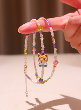 原创手作小猫戴领结项链 淡水巴洛克珍珠搭配奥地利水晶锁骨链