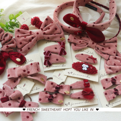 韩版红色波点蝴蝶结女童发饰套装