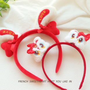 儿童新年红色醒狮子毛绒发箍女童可爱中国风红色头箍小女孩发饰